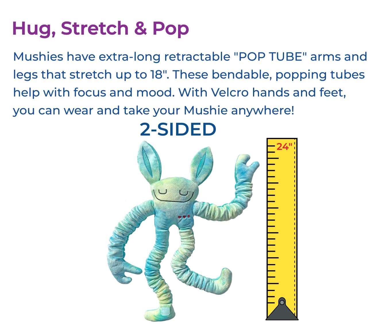 Mushies Stretchable Pop Tube Toy - Extra-Long 18'' Retractable Arms/Legs, Hook And Loop Hands/Feet - Wearable, Bendable Fidget F