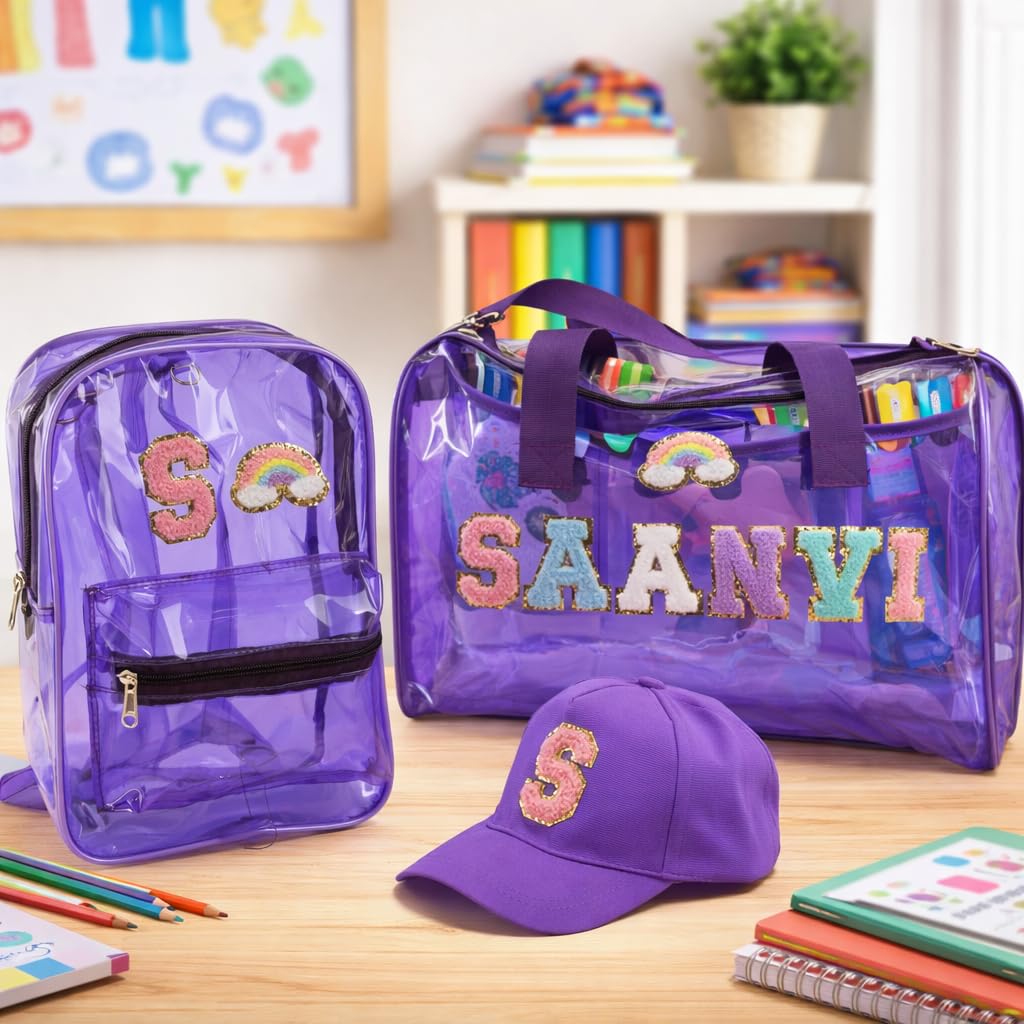 Aica Personalized Name Embroidered Letters & Patch Pvc Bag & Cap Kids Combo Giftset (210 Years)  Purple| Stationery Items |Duf