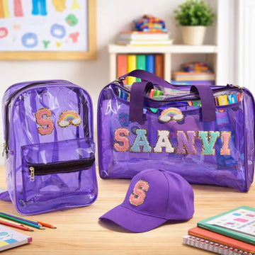 Aica Personalized Name Embroidered Letters & Patch Pvc Bag & Cap Kids Combo Giftset (210 Years)  Purple| Stationery Items |Duf
