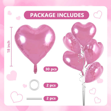 TONIFUL Pink Heart Foil Balloons - 30pcs 18 Inch Light Pink Mylar for Birthday, Valentine's Day, Bridal Shower, Party Supplies