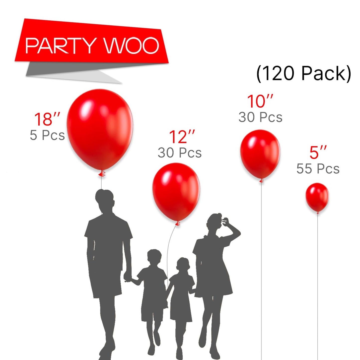 PartyWoo Red Balloons - 120 pcs Matte Red Balloons (18" 12" 10" 5") for Birthday and Party Decorations, Rubber, Red-Y57