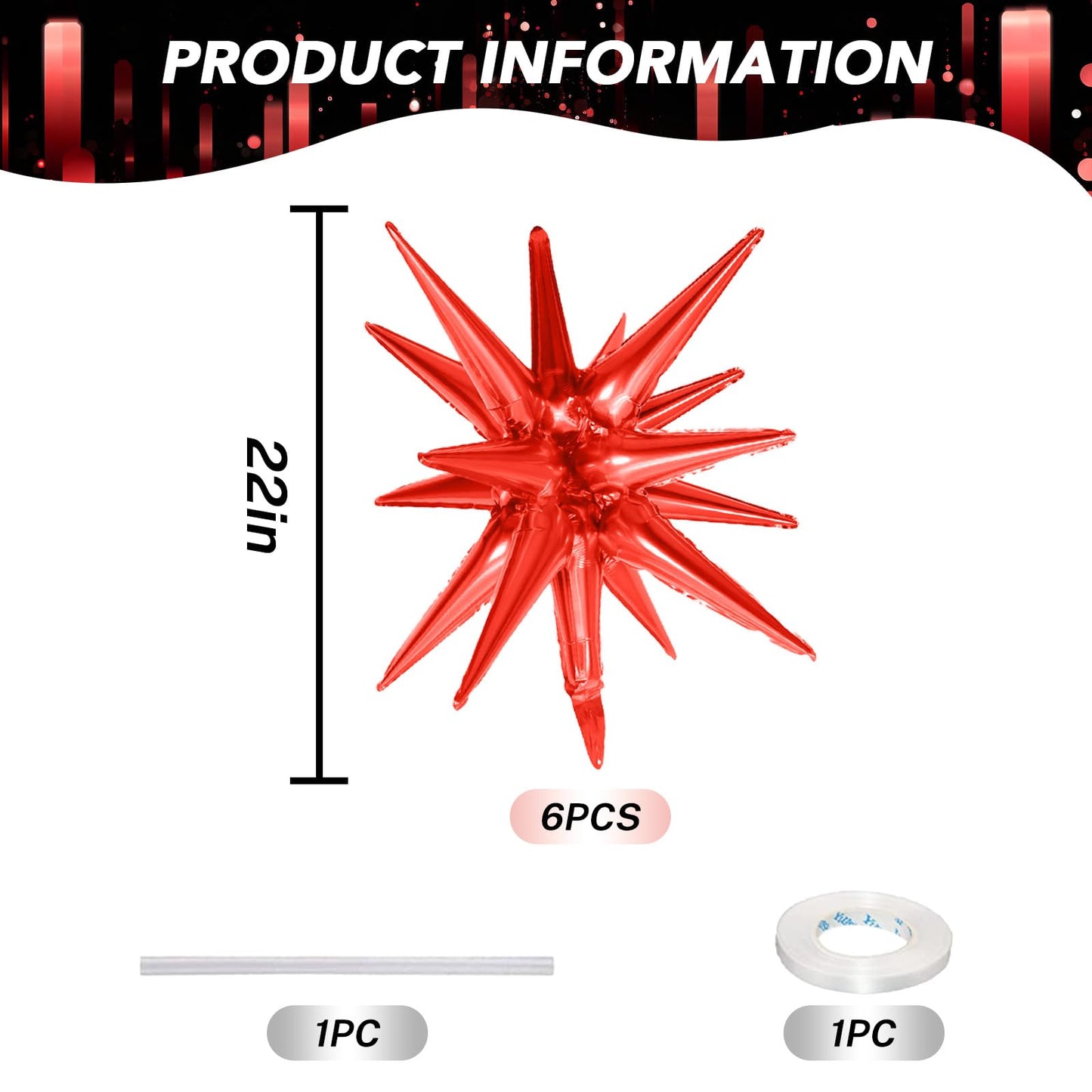6PCS Star Balloons, 22Inch Large Red Star Balloons Explosion Foil Balloon Cone Spike Balloon for Birthday Graduation Wedding Ann