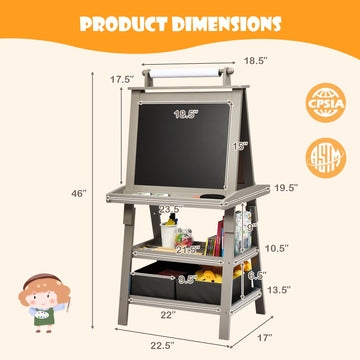 Honey Joy Art Easel For Kids, 3-In-1 Double-Sided Wooden Toddler Easel W/Magnetic White Board & Chalkboard, Paper Roll, 2 Storage Bins, Painting Dry Erase, Kids Easel For Boys Girls Aged 3+ (Gray)