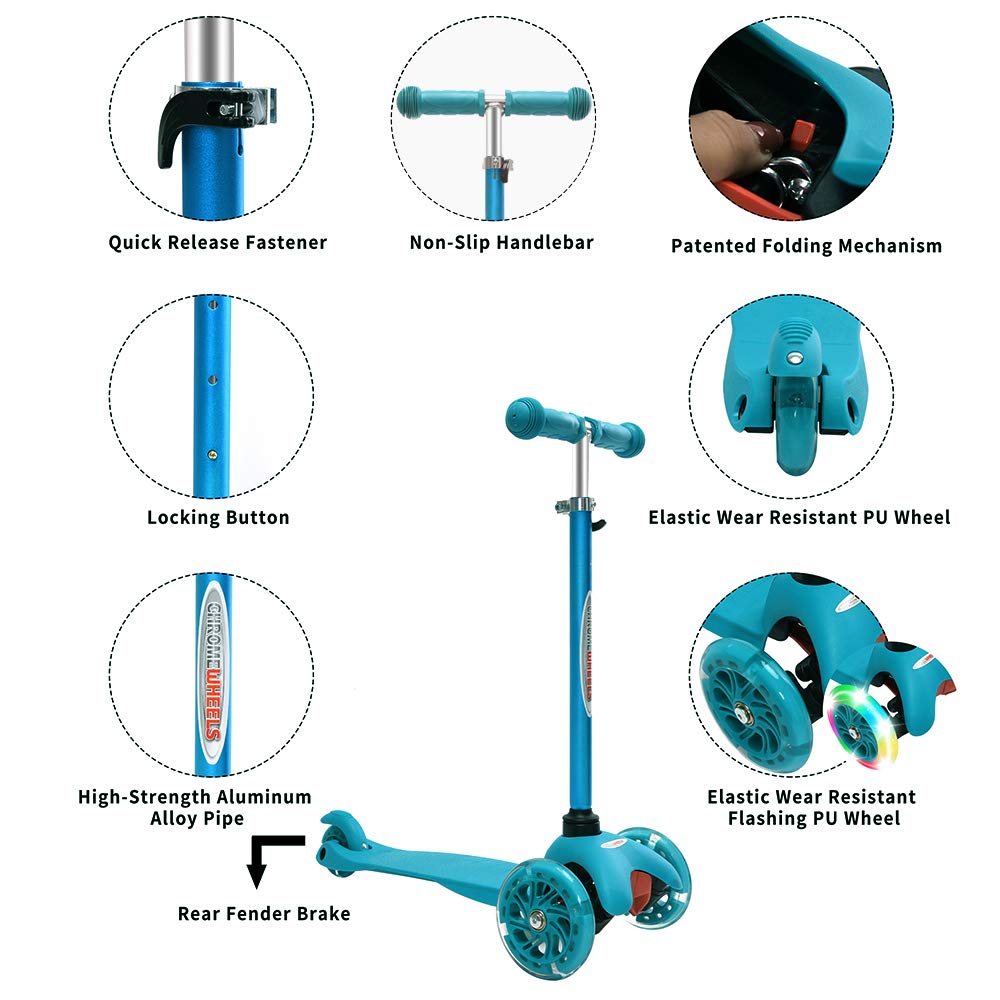 Chromewheels Scooter For Kids, Deluxe 3 Wheel Scooter For Toddlers 4 Adjustable Height Glider With Kick Scooters, Lean To Steer With Led Flashing Light For Ages 3-6 Girls Boys, Aqua