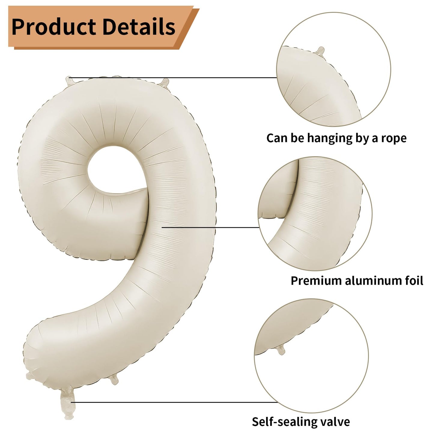 Biapian 40 Inch Cream White Number 9 Balloons, Beige White Large Number 9 Balloons With 18'' Cream Foil Heart Balloons Helium Fo