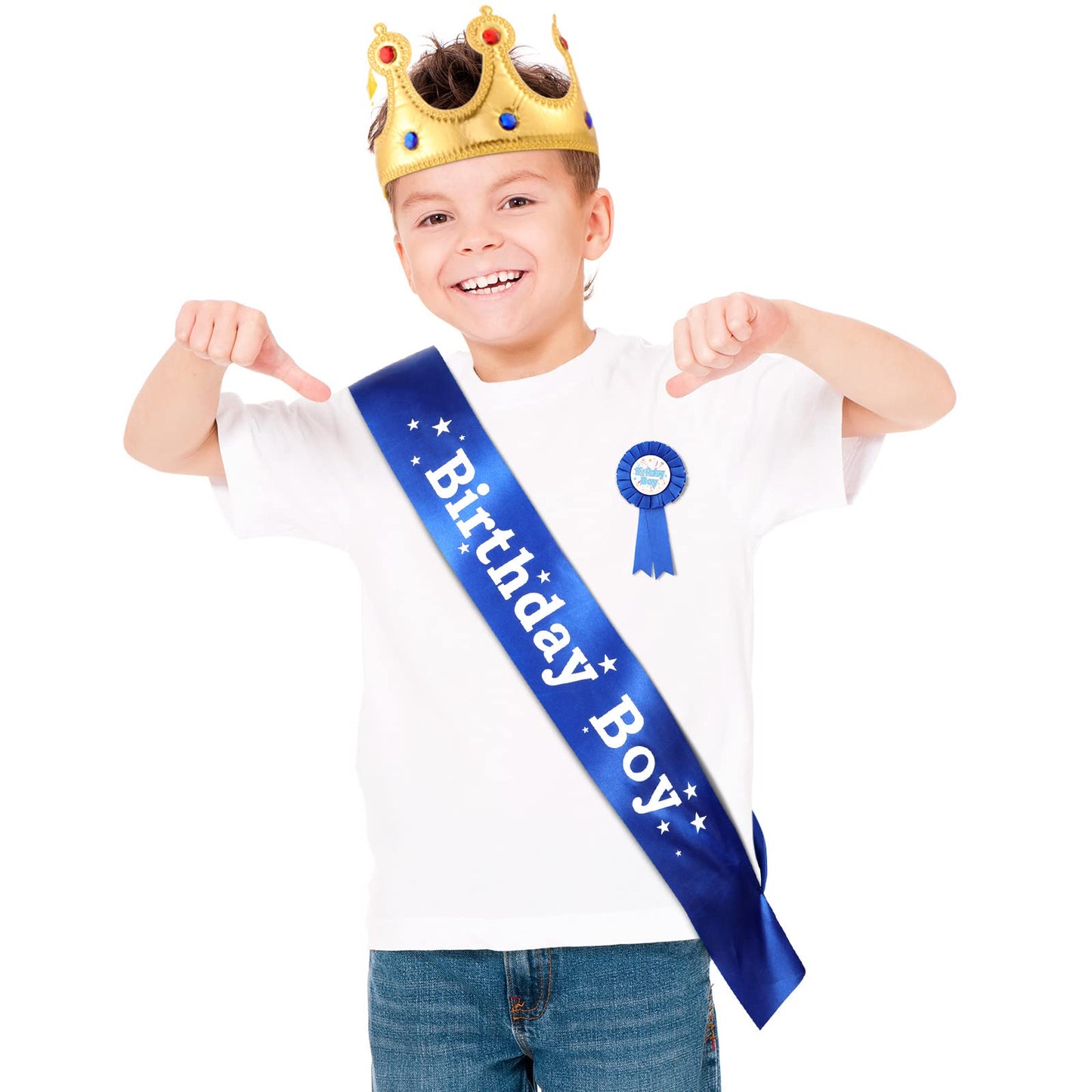 WILLBOND Birthday King Crown, Birthday Sash and Button Pins Party Accessory Set for Boys Kids Party Decorations