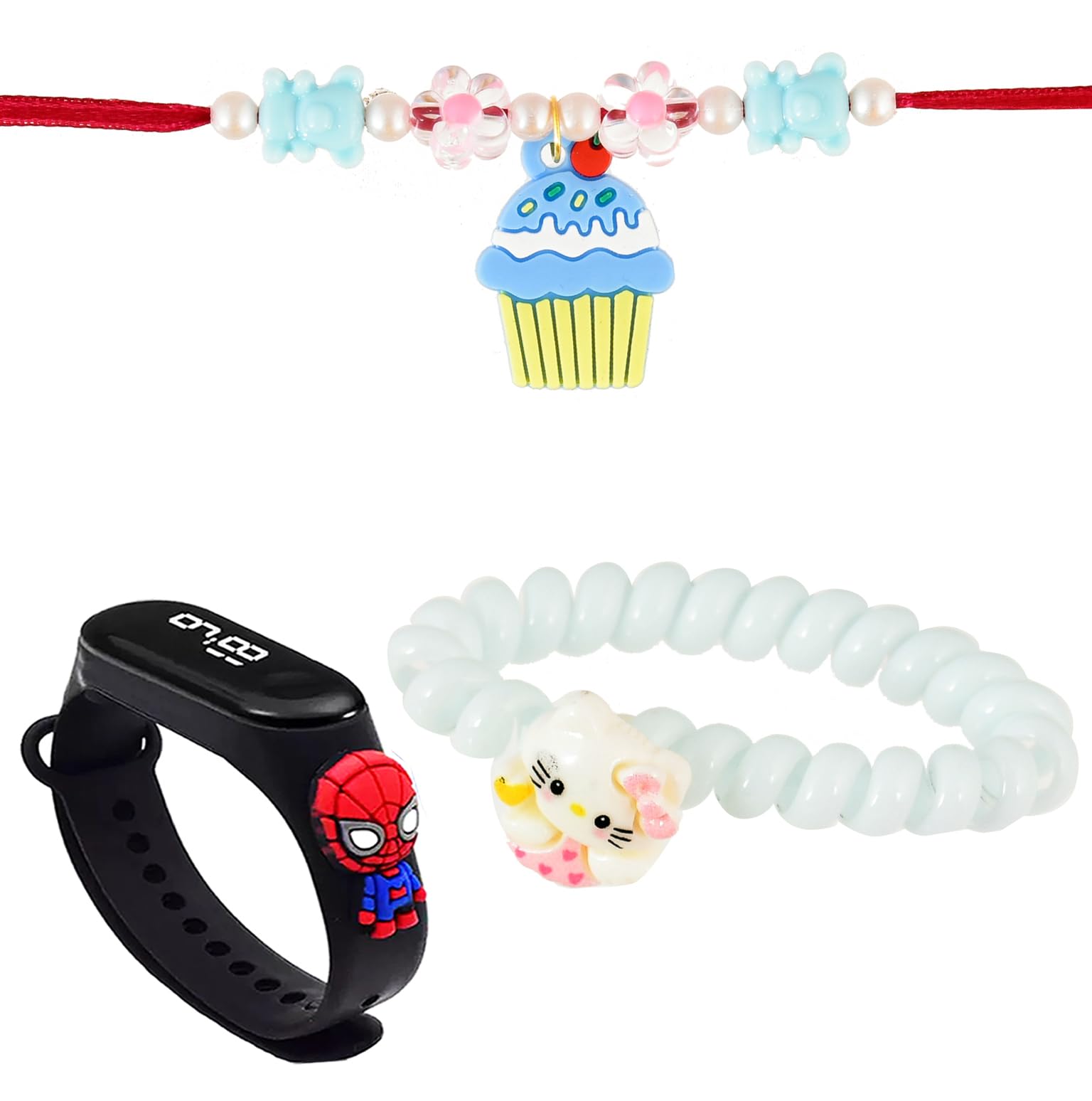 Pack Of 3 Trending Kiddie Cartoon Rakhi Bracelets Set With Watch For Little Brother Sister Rakshabandhan Favor (Design 5)