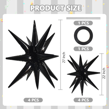 Toniful 8 Pcs Black Star Foil Balloons Large Star Balloons Black Explosion Star Mylar Balloons For Party Backdrop Christmas New