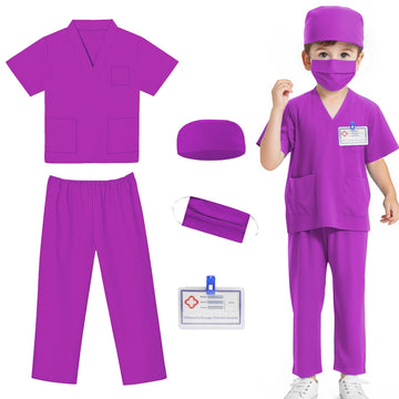Mizzuco Doctor Costume For Kids,Toddler Nurse Scrubs Halloween Dress Up Cosplay For Boys Girls 3-12 Years (Purple, M-120Cm/4-5Yr