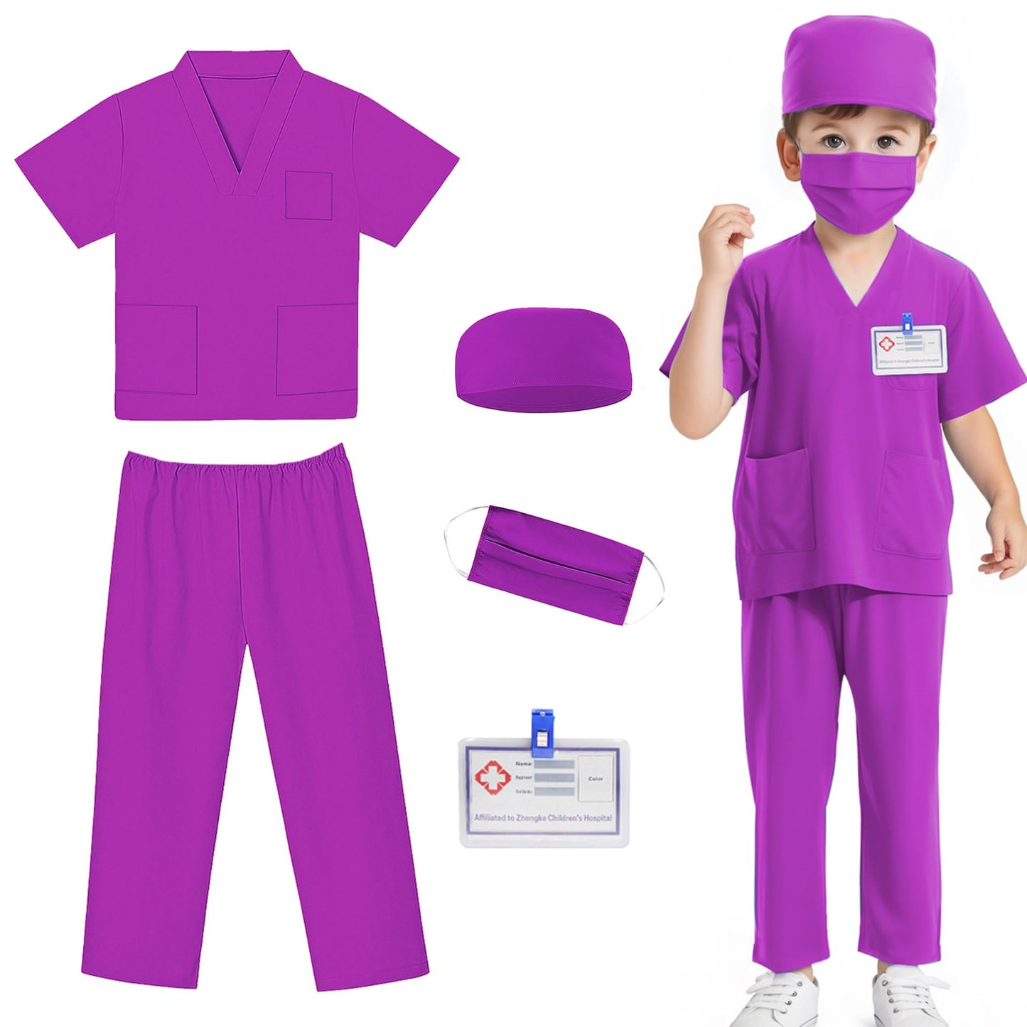 Mizzuco Doctor Costume For Kids,Toddler Nurse Scrubs Halloween Dress Up Cosplay For Boys Girls 3-12 Years (Purple, Xl-140Cm/7-8Y