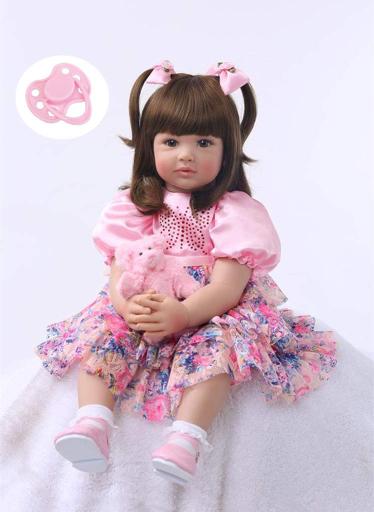 Icradle Cute 24 Inch 60 Cm Reborn Baby Doll Long Hair Girl Doll Soft Silicone Baby Real Life Baby Toddler Doll Toy For Ages 3+ (F)