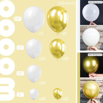 Partywoo White And Gold Balloons, 140 Pcs White And Metallic Gold Balloons Different Sizes Pack Of 18 Inch 12 Inch 10 Inch 5 Inch For Balloon Garland Or Arch As Birthday Decorations, Party Decorations
