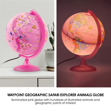 Waypoint Geographic Safari Explorer Animals Globe, World Globe, 10” Illuminated Desktop Globe With Physical Earth And 100S Of Illustrated Animals, Pink