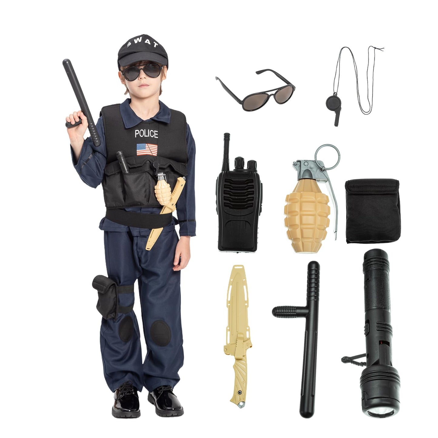 Jazgrom Kids Swat Police Officer Costume With Vest And Accessories, Boys And Girls Role Play Kit, Halloween Cop Cosplay Dress Up