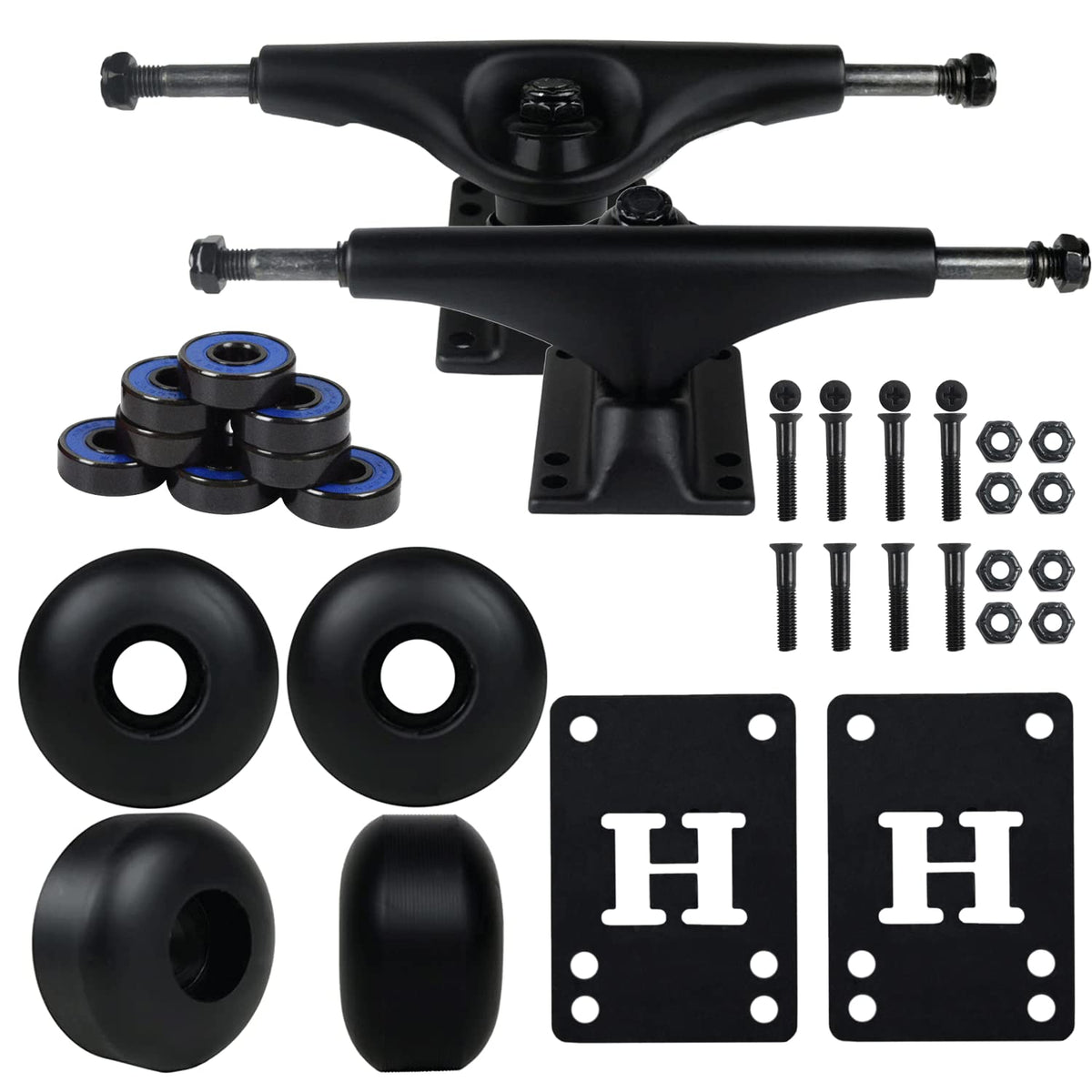 5.0 Black/Black Skateboard Trucks + 52mm Black Wheels Combo by Big Boy