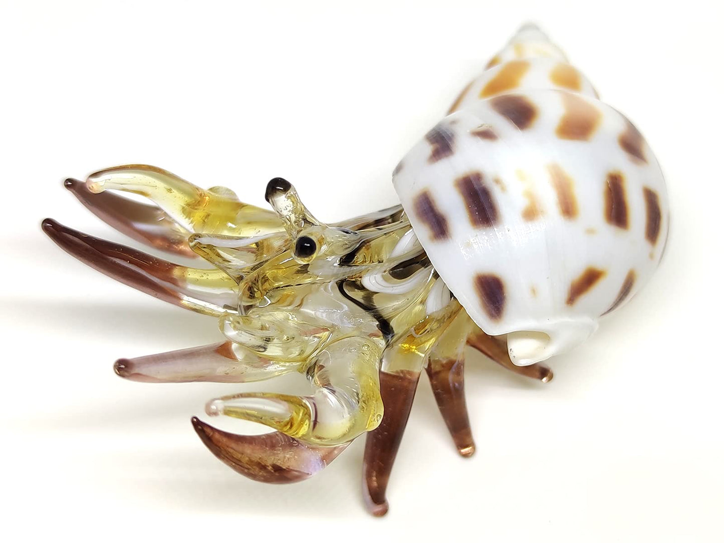 Sansukjai Seashell Hermit Crab Miniature Figurines Beach Animals Hand Blown Glass Art Natural Collectible Gift Decorate, Pastel Yellow