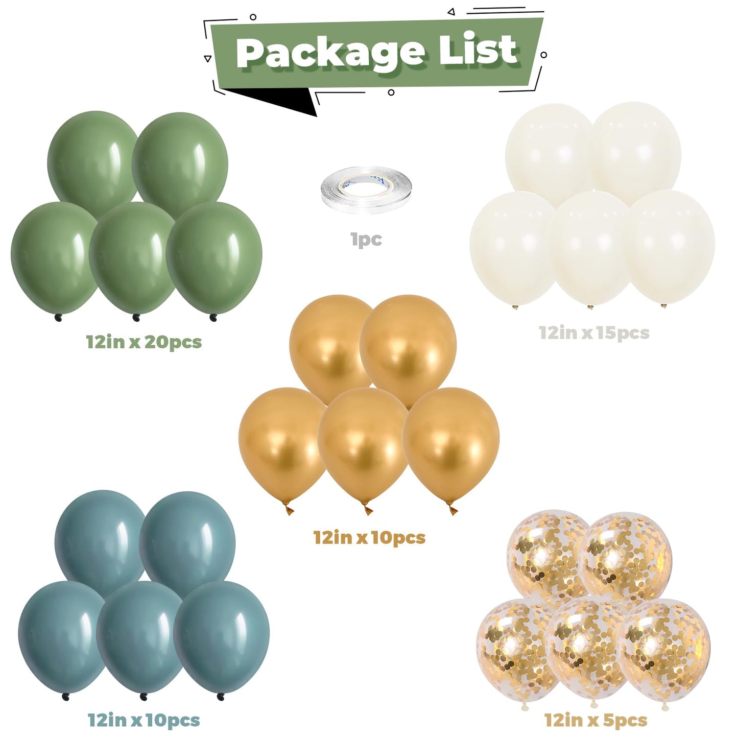 Green Blue Balloons Sage Beige Gold Balloons Jungle Woodland Party Decorations Dusty Blue Green White Balloon 60Pcs 12Inch Latex