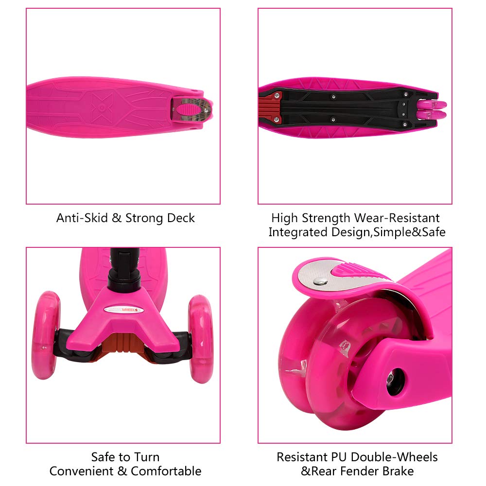 ChromeWheels Deluxe Kick Scooter for Kids, 3 Wheel, Foldable, 4 Adjustable Heights, LED Light Up Wheels, Pink, Model CW8009L-Pink