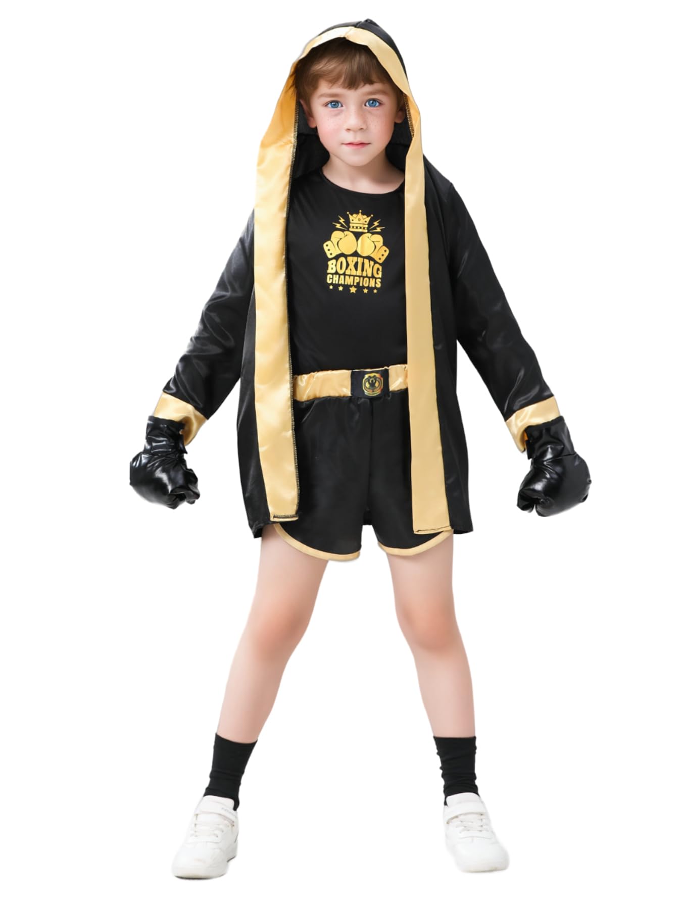 Child's 4 Pcs Boxing Champions Costume with Top, Shorts, Hooded Cape, Gloves Halloween Fancy Dress Boxer Uniform for Kids (Black