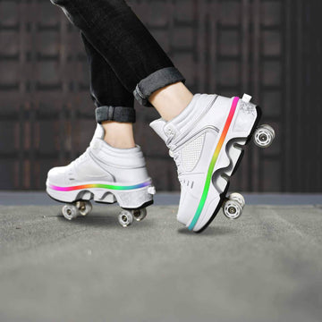 Double-Row Deform Wheel Automatic Walking Shoes Invisible Deformation Roller Skate 2 in 1 Removable Pulley Skates Skating Parkour (with Light  US 7)
