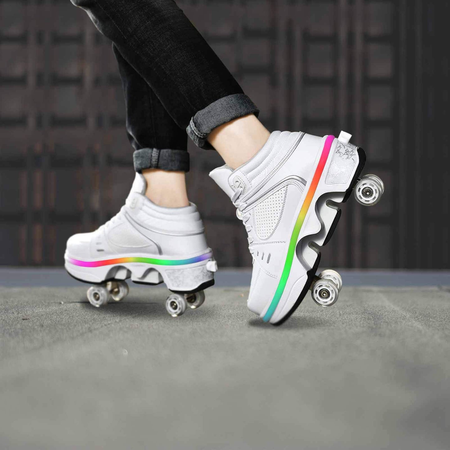 Double-Row Deform Wheel Automatic Walking Shoes Invisible Deformation Roller Skate 2 in 1 Removable Pulley Skates Skating Parkour (with Light  US 6.5)