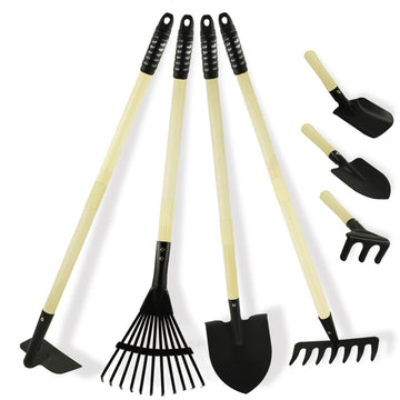 Pomiku Kids Garden Tools, Rake And Shovel Set, 7 Pieces Gardening Tools For Yard, Beach, Camping Play, Outside Toys For Kids Age