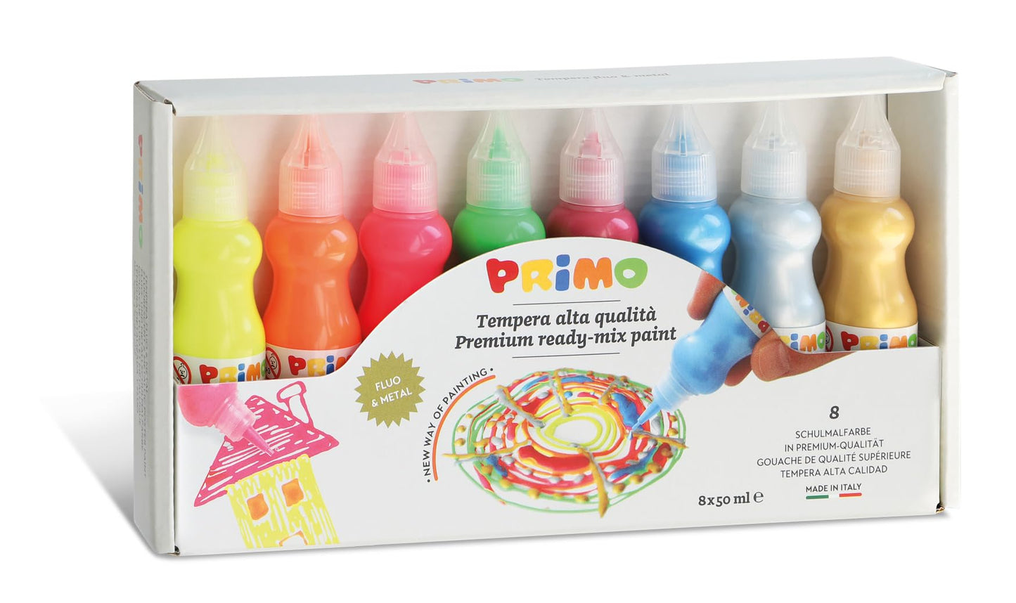 PRIMO Tempera Paint Bottle Set, 50ml, 8-Colors, Fluorescent & Metallic, Non-Toxic, Washable, for Young Artists