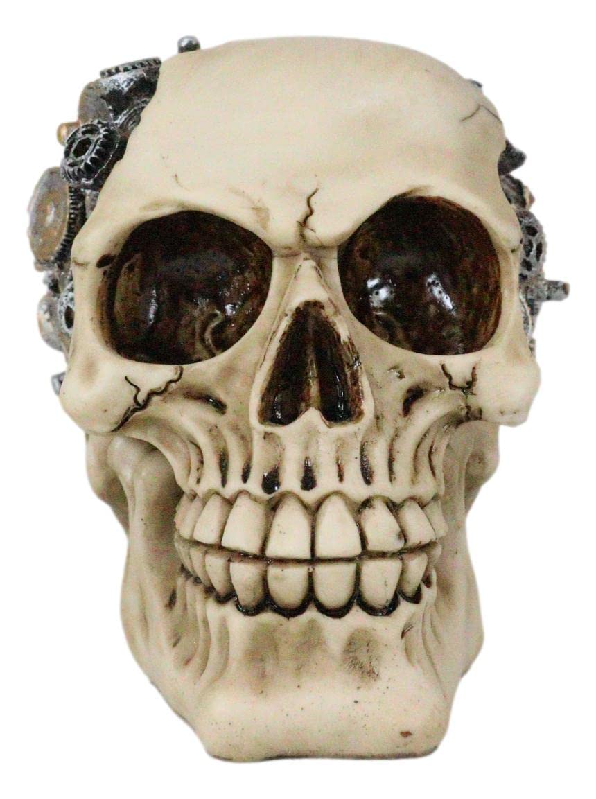 Ebros Steampunk Cyborg Protruding Gearwork Human Skull Statue Sci Fi Clockwork Gear Design Skeleton Cranium Figurine