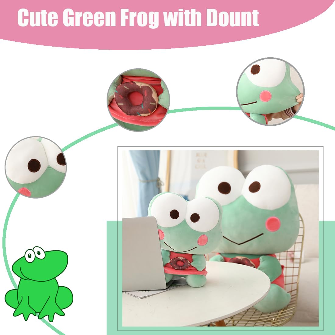 ELAINREN Donut Frog Plush Cuddly Frolick Frog Stuffed Animals Green Fernando Frog Plushie Gifts Easter/Birthday 13.8''