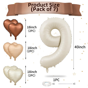 Biapian 40 Inch Cream White Number 9 Balloons, Beige White Large Number 9 Balloons With 18'' Cream Foil Heart Balloons Helium Fo