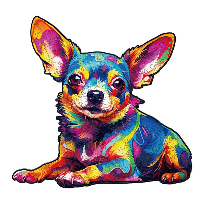 Jigfoxy Wooden Puzzles for mature-themeds  Colorful Chihuahua Dog Wood Puzzles mature-themed  Unique Animal Shape Wooden Jigsaw Puzzles  Birthday Gifts for Puzzles Lovers Family Friend (M-11.4 * 10.9in-170pcs)