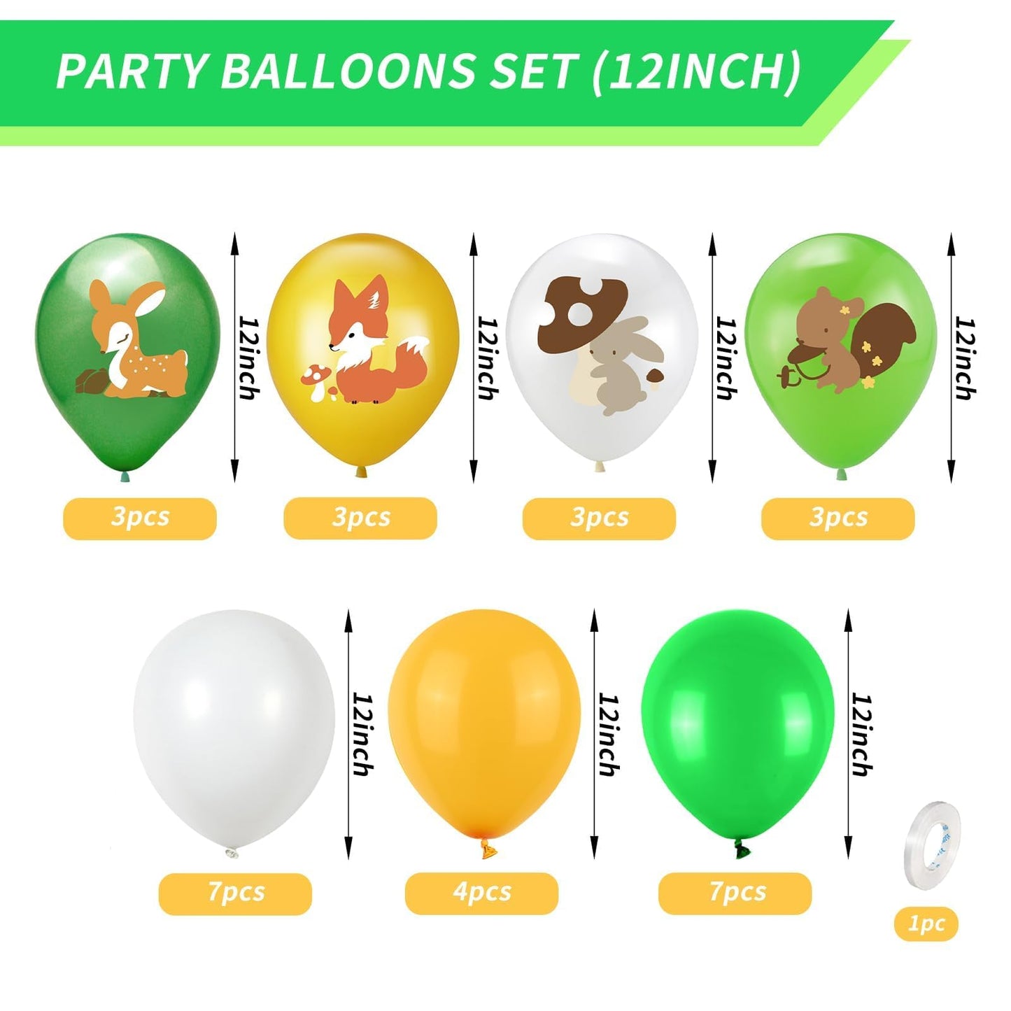 Animal Balloons, 12 Inch Jungle Safari Balloons Animal Rabbit Sika Deer Fox Squirrel Print Balloons Green White Yellow Jungle Sa