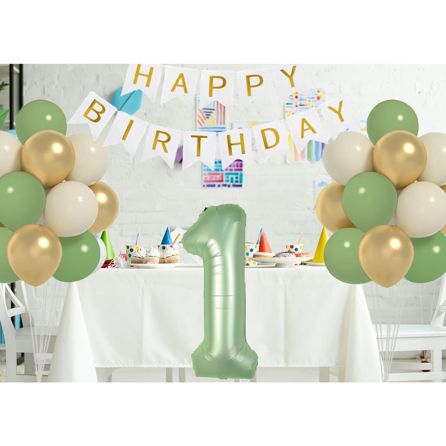 Sage Green First Birthday Decorations For Boys, 40Inch Olive Green Number 1 Balloon And Happy Birthday Banner Set With 12Inch Sa
