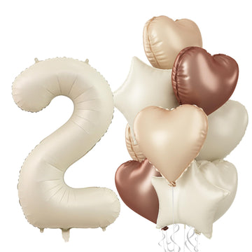 Large Number 2 Balloons, 40'' Beige Nude 2 Balloon With Foil Cream Star Balloon Decor, Neutral Coffee Brown Tan White Sand Heliu