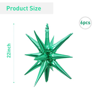 6 Pcs Green Star Foil Balloons One-Piece 14-Pointed Star Balloons 4D Starburst Cone Mylar Balloons 22Inch Christmas Birthday Wed