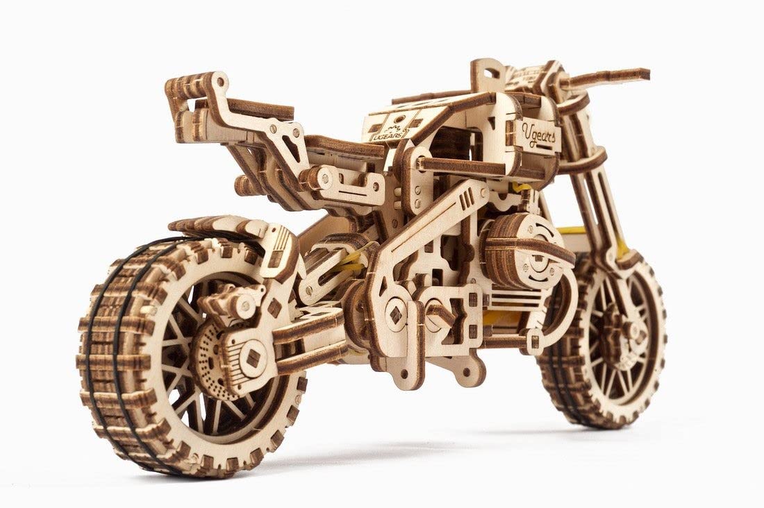 UGEARS Motorcycle with Sidecar Scrambler UGR-10 - Mechanical 3D Wooden Puzzles for mature-themeds - DIY Model Kits for mature-themeds with Moving Engine - Collectible Moto 3D Puzzle Model Kit - 380 Pcs