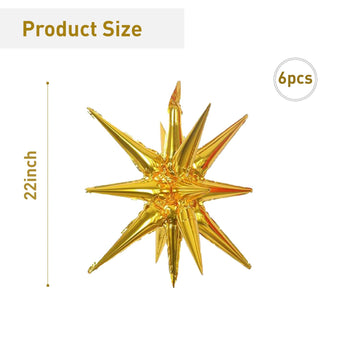 6 Pcs Gold Star Foil Balloons One-Piece 14-Pointed Star Balloons 4D Starburst Cone Mylar Balloons 22Inch Christmas Birthday Wedd