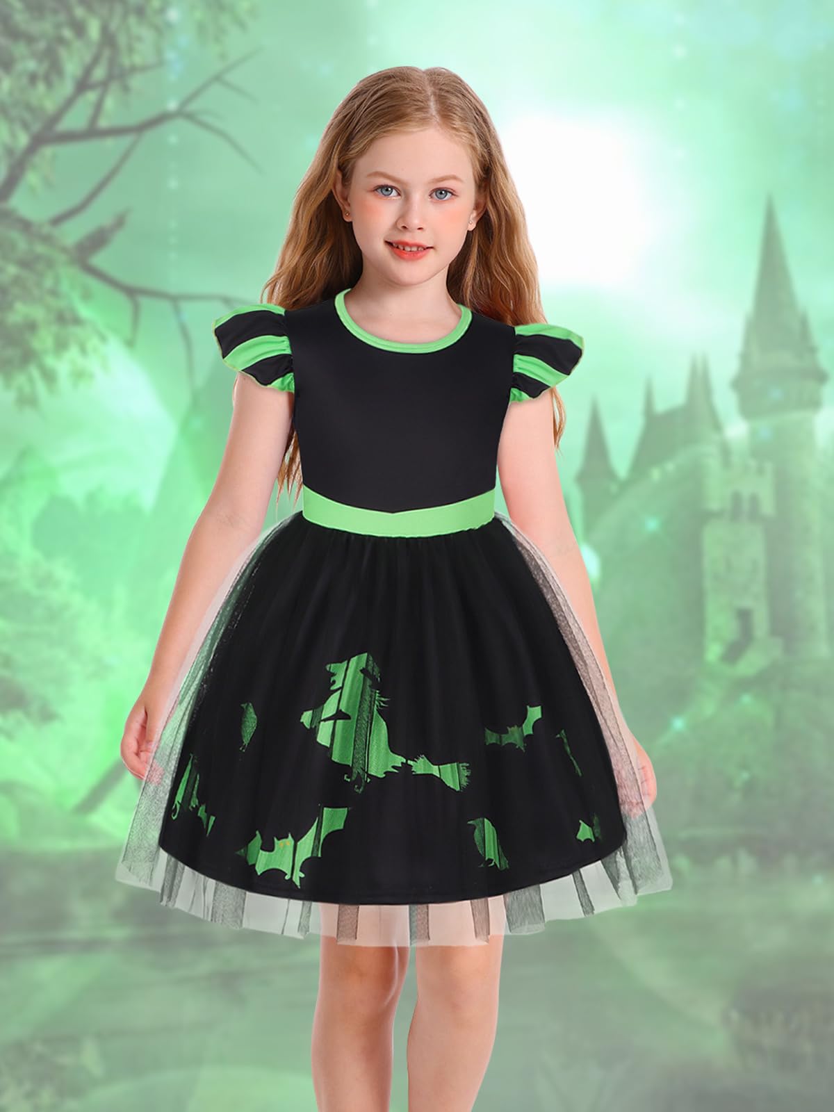 Marendyee Black Witch Costume Girls Halloween Toddler Kids Tulle Dresses Flutter Sleeve (3-4 Years)