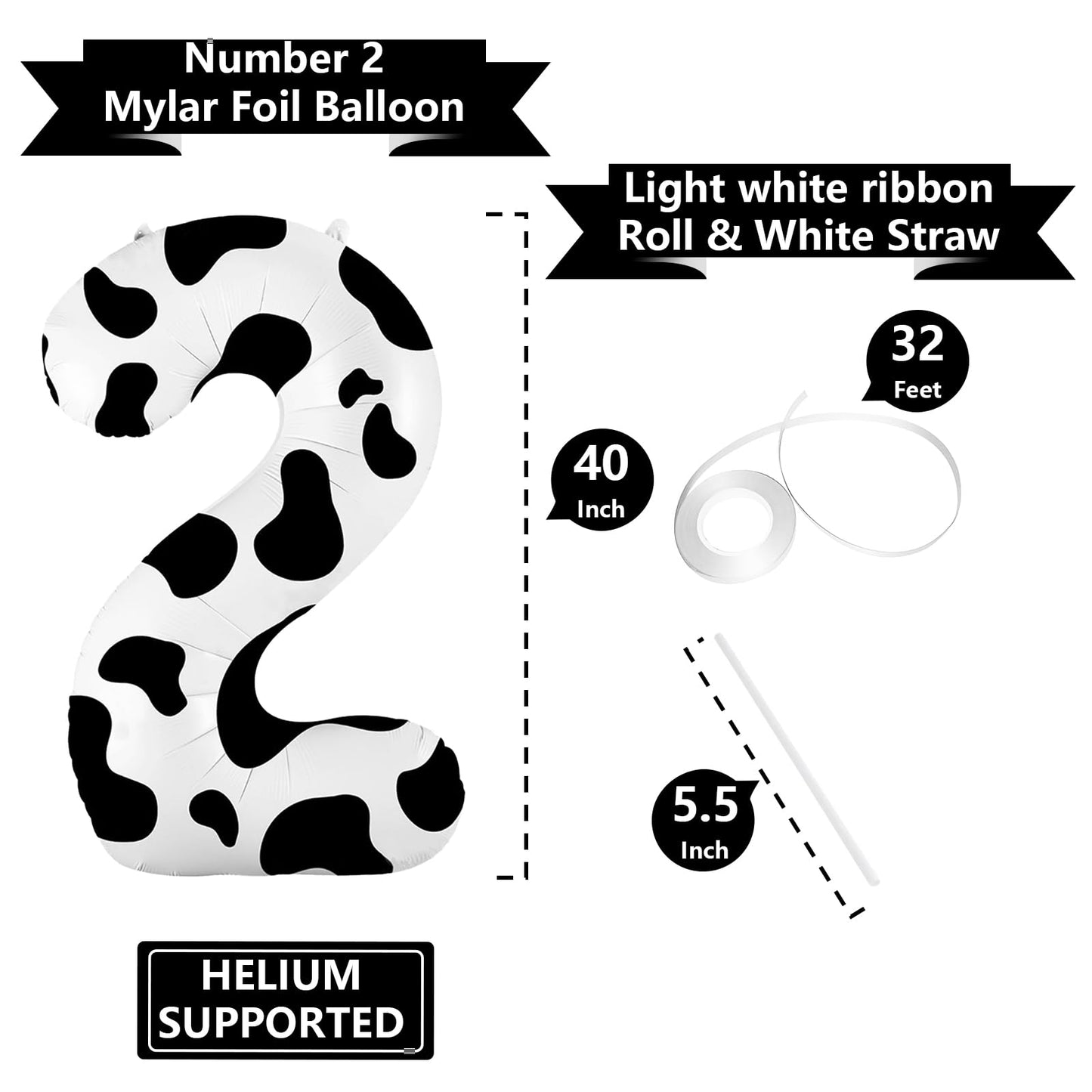 40 Inch Cow Print Balloon, Number 2 Balloons Cow Balloons For 1St Birthday Decoration, Large Cow Number Balloons For Western Par