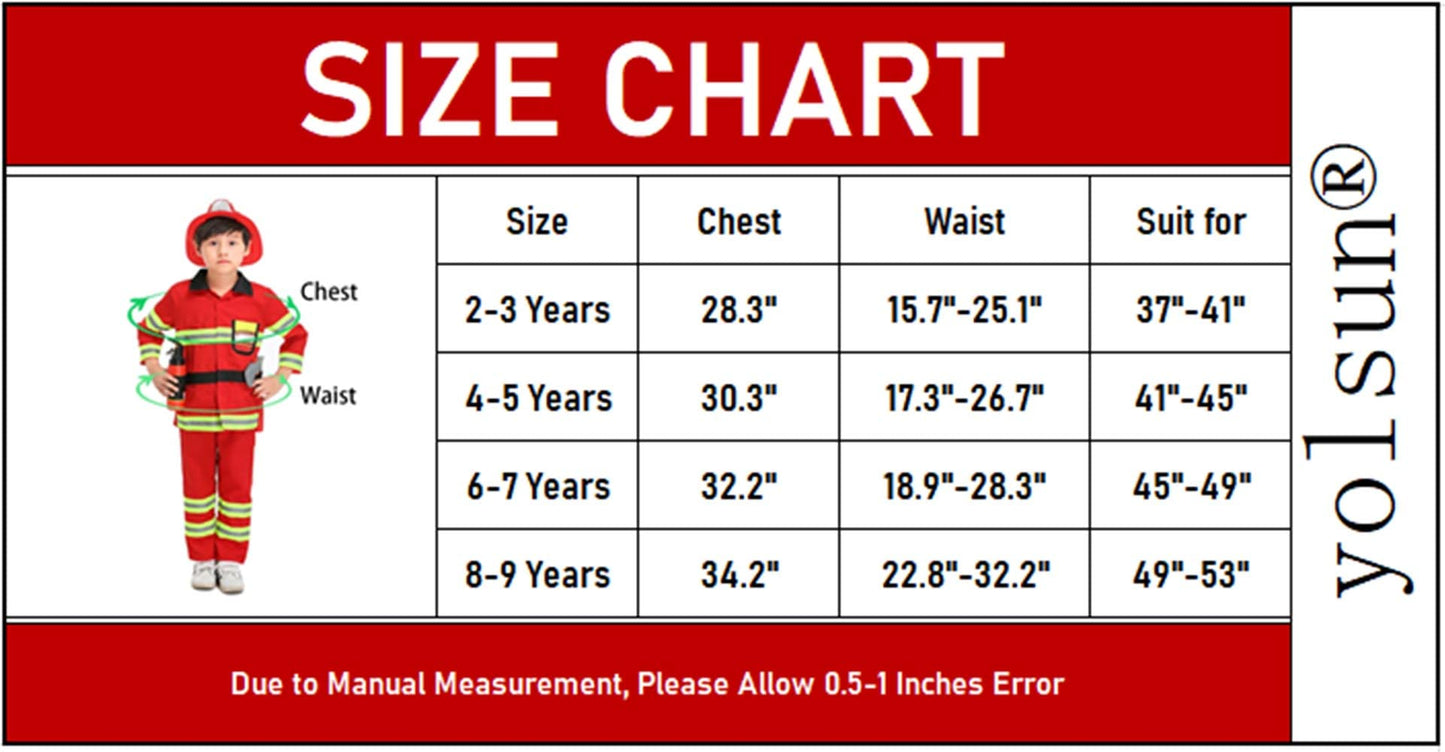 Yolsun Fireman Costume For Kids, Boys' And Girls' Firefighter Dress Up, Fire Fighter With Toy Accessories Set Halloween Role Play(Red,2-3 Years)