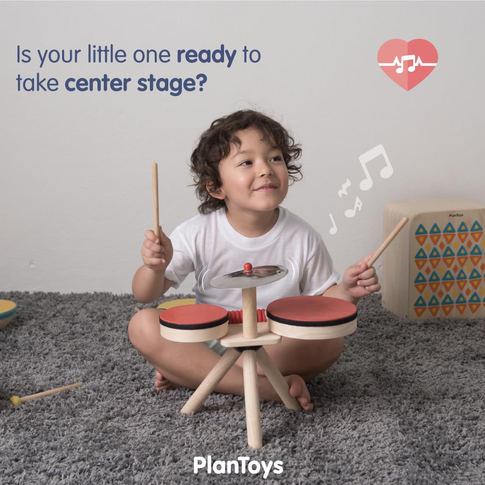 PlanToys Musical Band Toddler Drum Set Sustainably-Made with 2 Different-Sized Drums, Pair of Rubber-Coated Drumsticks, Cymbal,