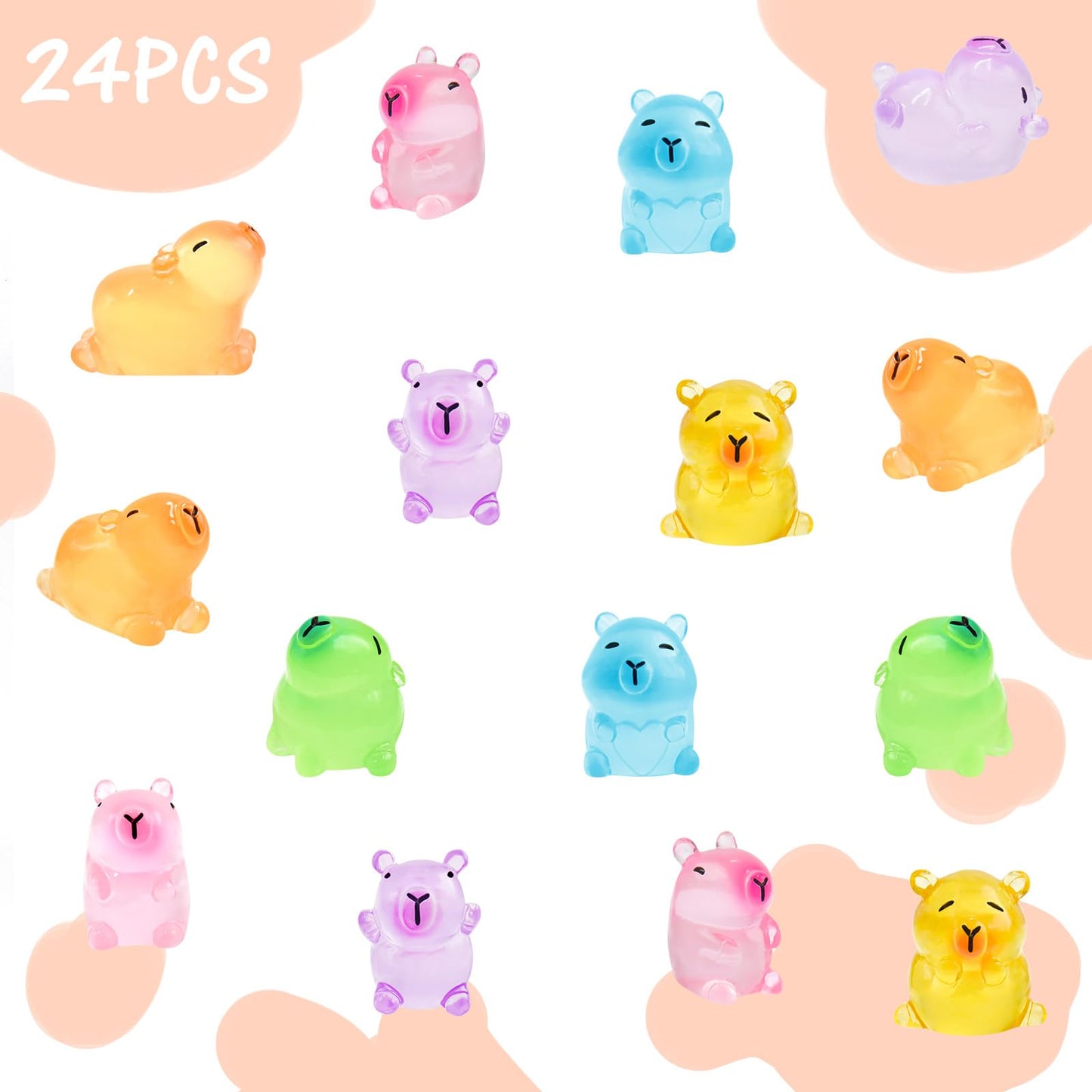 HOMICO Luminous Mini Capybara Figurines - 24 Colorful Resin Decorations for Dollhouses, Dashboards, Fairy Gardens - Green, Purple, Blue, Pink, Yellow, Orange