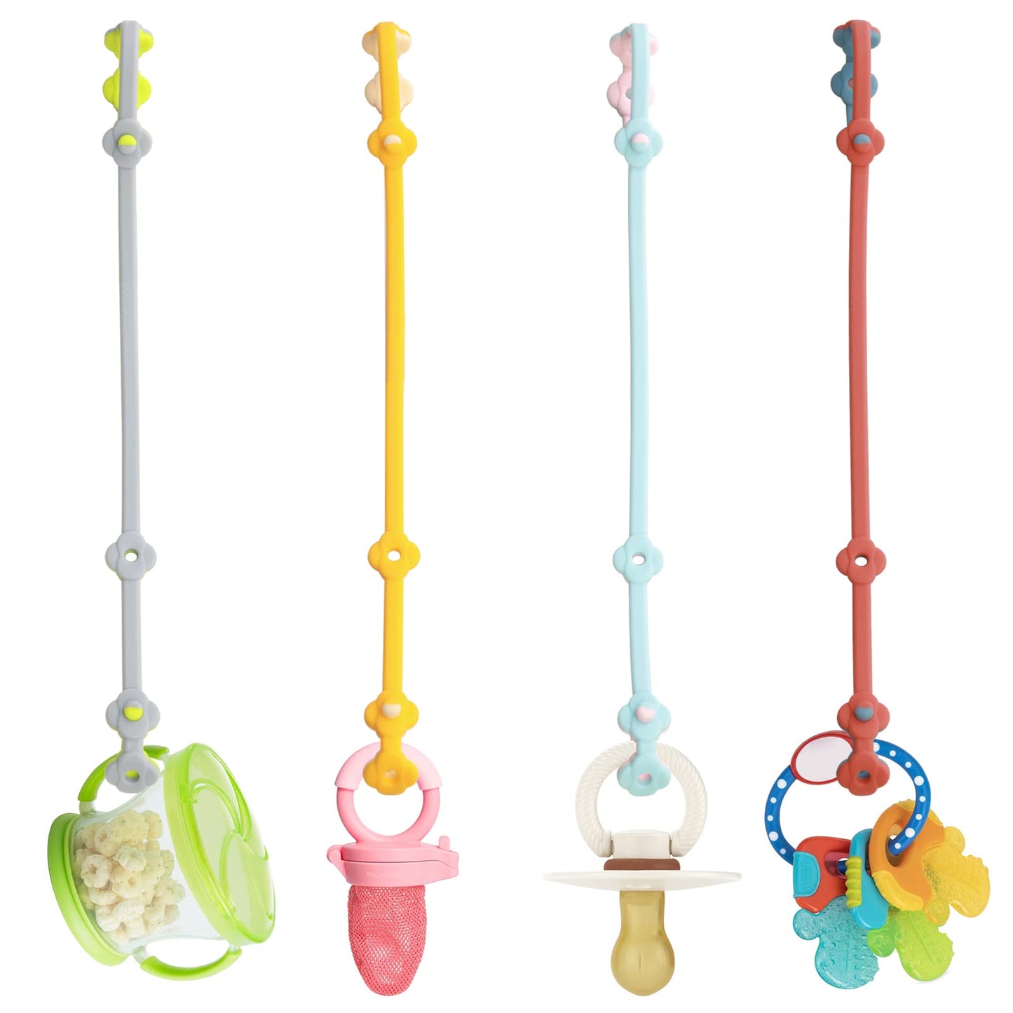 Smautolife Toy Safety Straps 4Pk Stretchable Silicone Pacifier Clips Baby Toddler Teether Bottle Harness Straps For Strollers,High Chair,Shopping Cart,Cribs,Exersaucer