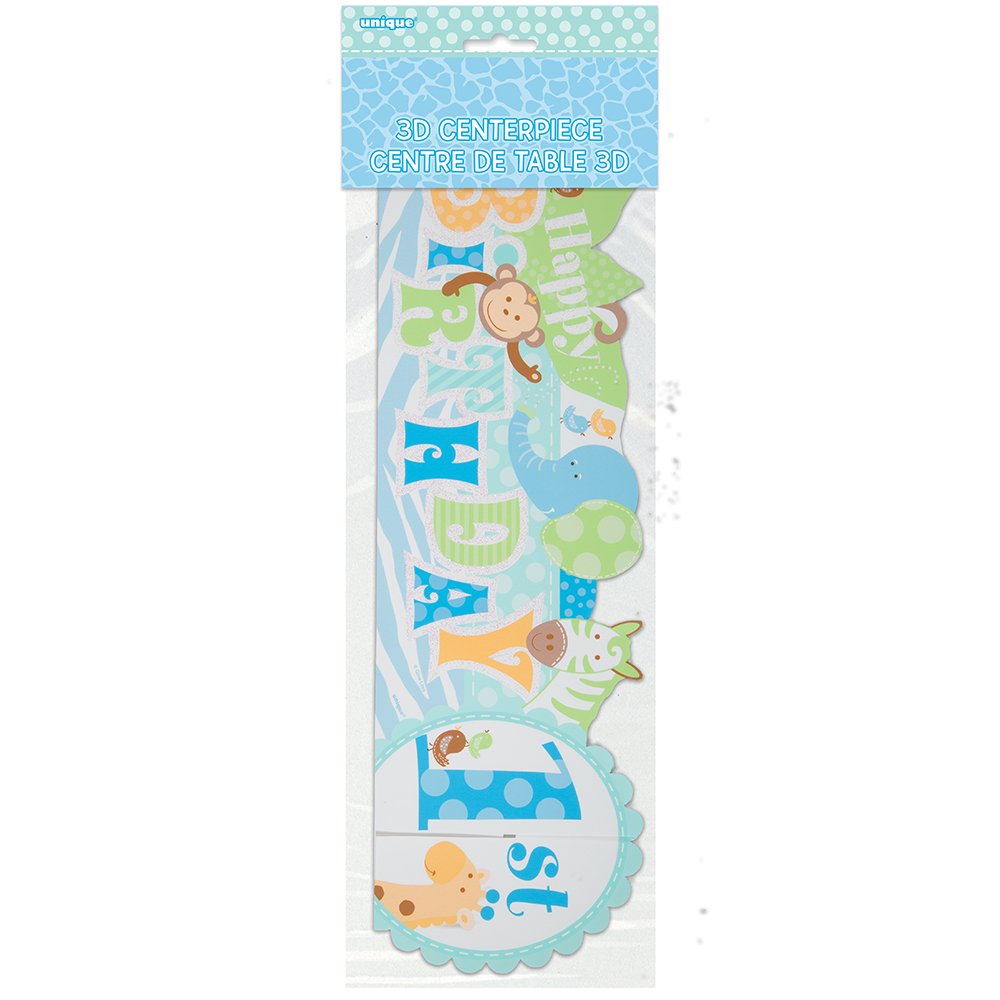 Unique Safari 1st Birthday Deluxe 3D Centerpiece, 14 x 4.5, Blue