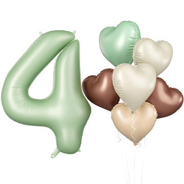 Biapian 40 Inch Sage Green Number 4 Balloons, Large 4Th Birthday Balloons With 18'' Foil Cream Brown Heart Balloon For 4Th Year