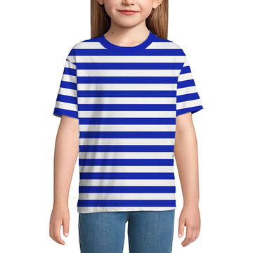 Kids Halloween Sailor Pirate Costume Blue White Striped Shirt Short Sleeve Boys Summer Tee Top 11-12 Years