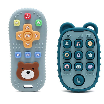 HippoBaby 2-Pack Silicone Teethers - Remote Control & Phone Teething Toys with Popper Buttons  BPA-Free  CPC Certified Baby Essentials for Infants & Toddlers (Remote/Phone - Blue/Dark Blue)