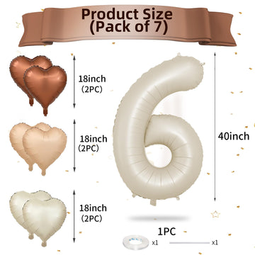 Biapian 40 Inch Cream Number 6 Balloons, Cream White Large 6Th Birthday Balloons With 18'' Foil Cream Heart Balloon Helium For 6