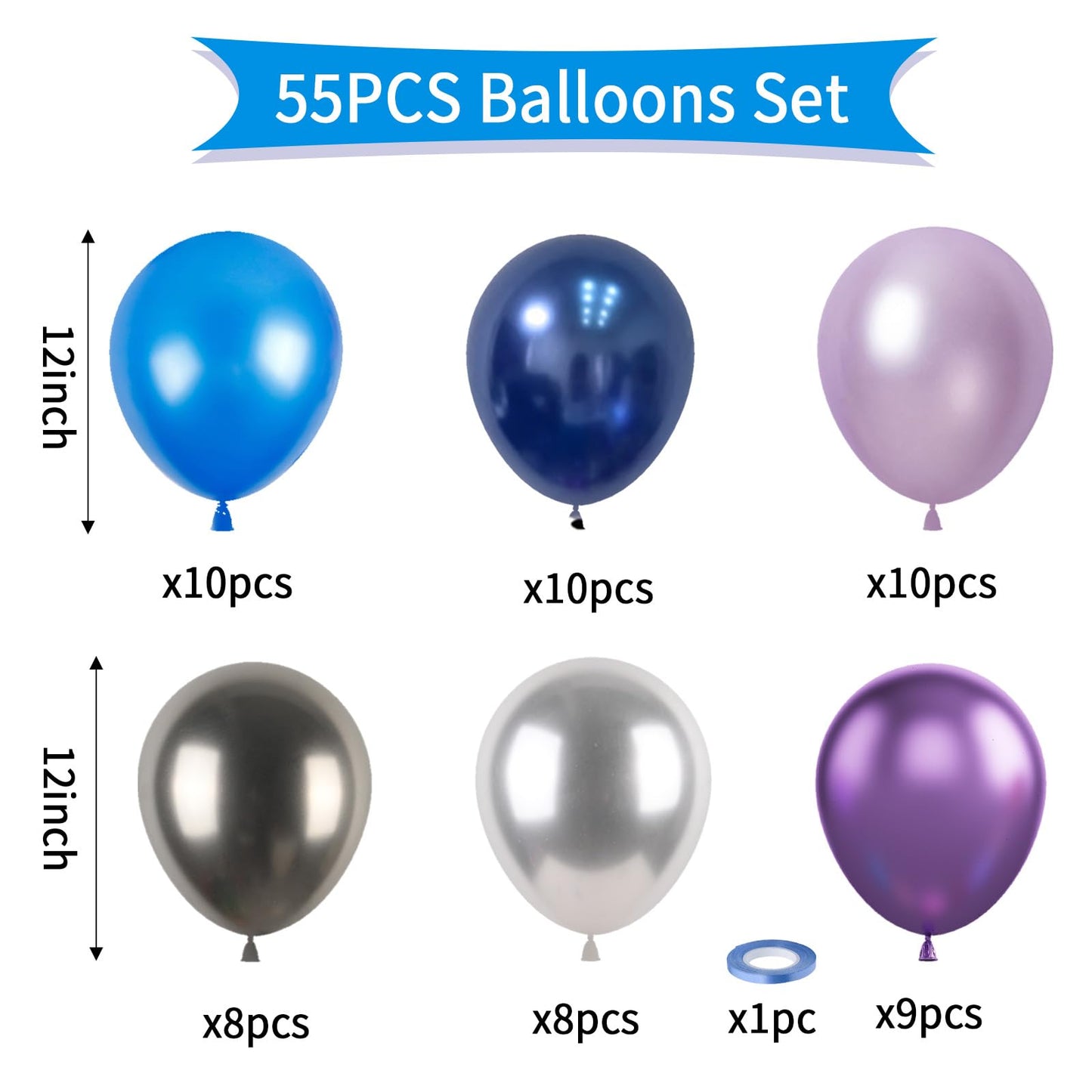 Outer Space Balloons, 55Pcs Galaxy Blue Balloons Metallic Black Purple Silver Balloons Blue And Purple Latex Balloons Pearl Blue
