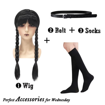 Grivos Wednesday Addams Costume Girls Dress For Kids Wednesday Costumes Halloween Cosplay Party With Belt Wig Socks4-14Y
